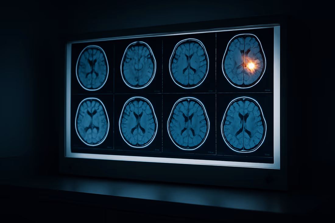Brain MRI scans on a backlit radiology lightbox