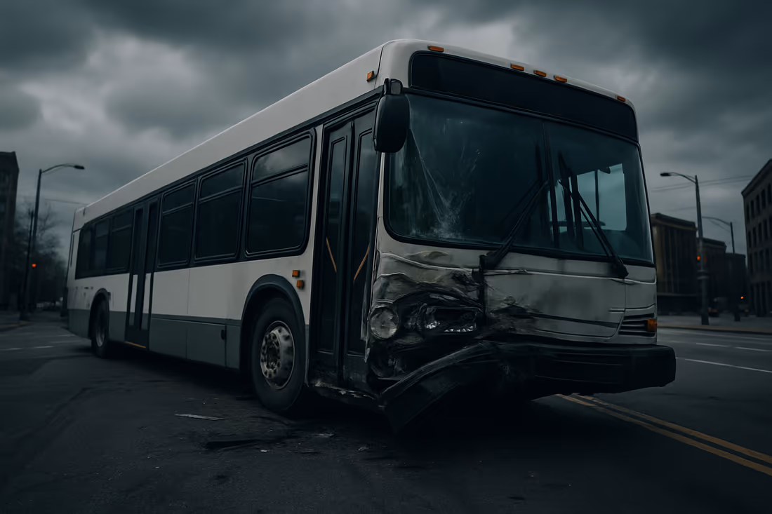 City transit bus with front-end collision damage