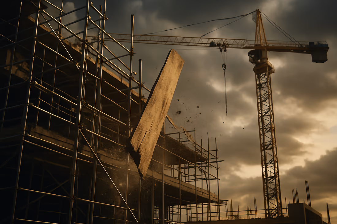 Construction site with scaffolding and a tower crane