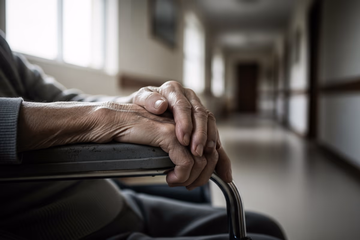 An elderly person's hands resting on a wheelchair in a care facility