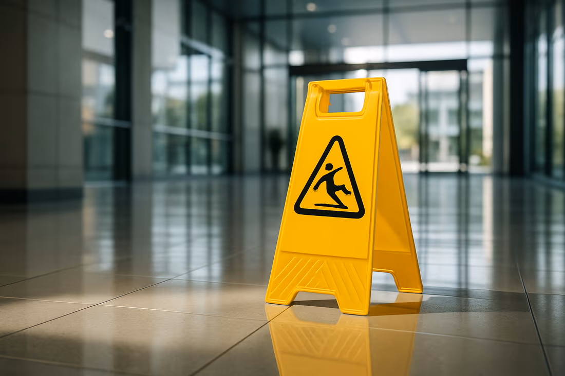 Wet-floor caution sign on a tiled commercial floor