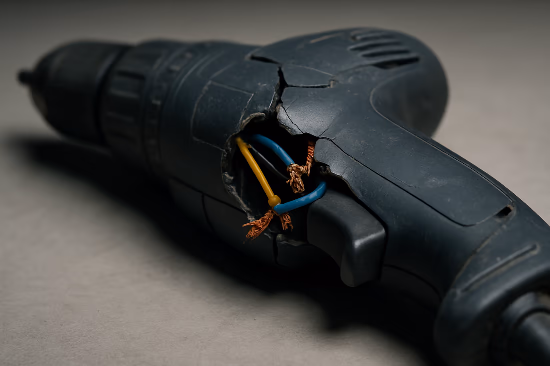 Defective power tool with a cracked casing and exposed wiring