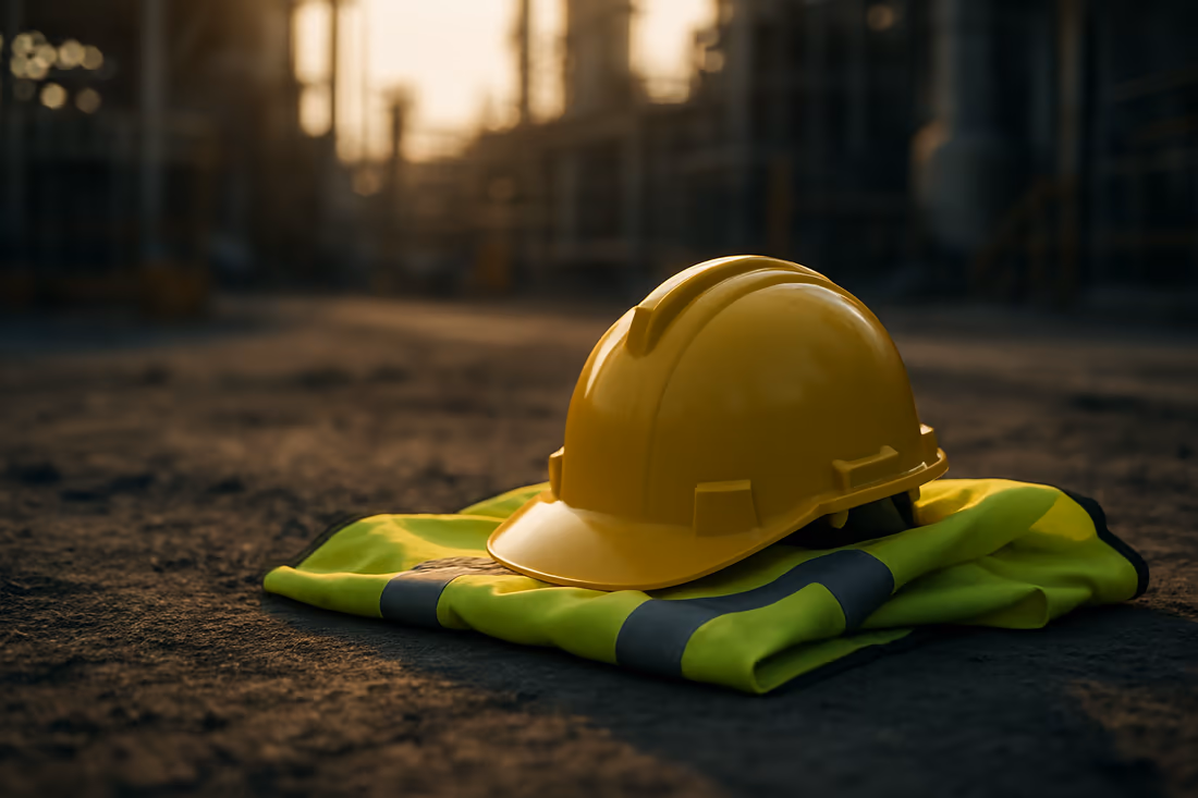 A hard hat resting on a high-visibility safety vest